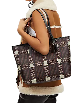 Coach City Tote With Brushed Plaid Print