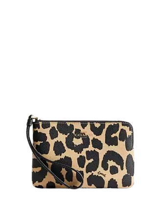 Coach Corner Zip Wristlet With Leopard Print