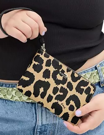 Coach Corner Zip Wristlet With Leopard Print