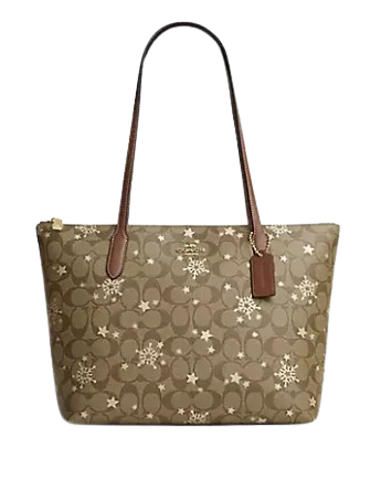 Coach Zip Top Tote In Signature Canvas With Star And Snowflake Print