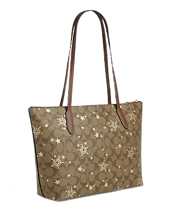 Coach Zip Top Tote In Signature Canvas With Star And Snowflake Print